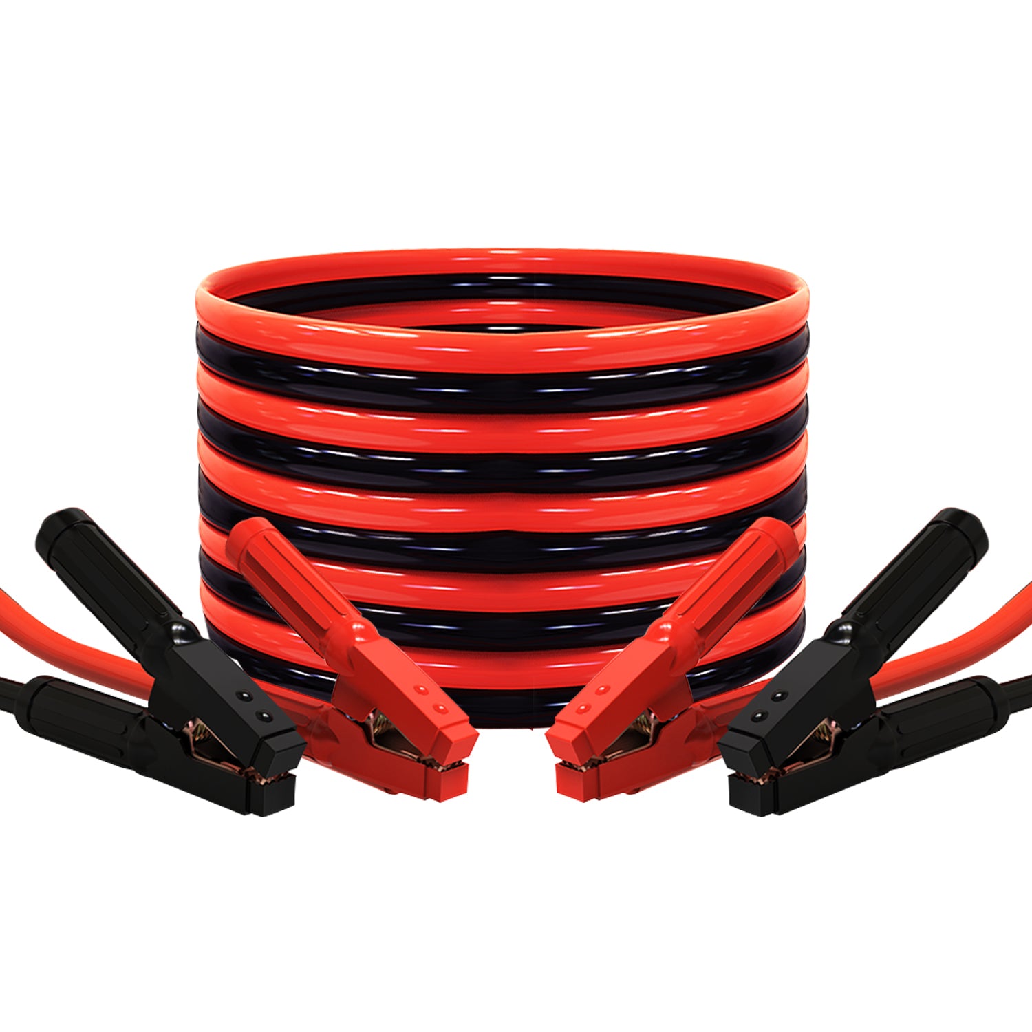 0 Gauge 25 Ft 1000A Heavy Duty Jumper Cables, coiled design with durable red and black clamps for automotive use