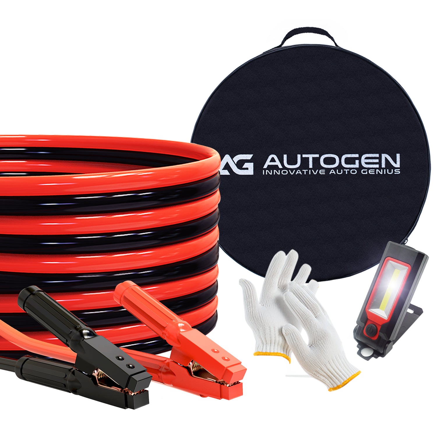 Complete jumper cable kit with heavy-duty red and black cables, durable clamps, carrying case, work gloves, and portable LED flashlight. Perfect for emergency car jump-starts and roadside assistance.