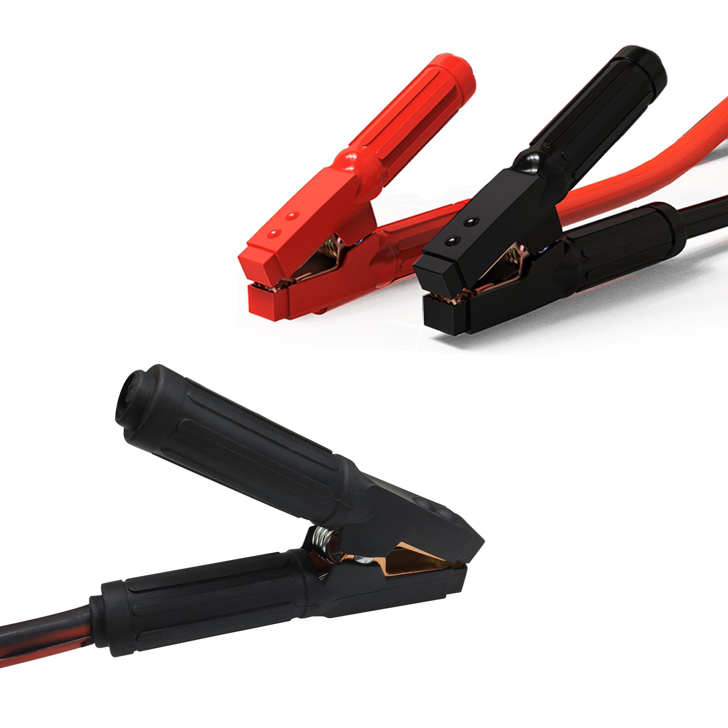 Heavy-duty red and black jumper cable clamps with secure grips and strong conductive metal for reliable car jump-starts. Designed for durability and efficient power transfer.