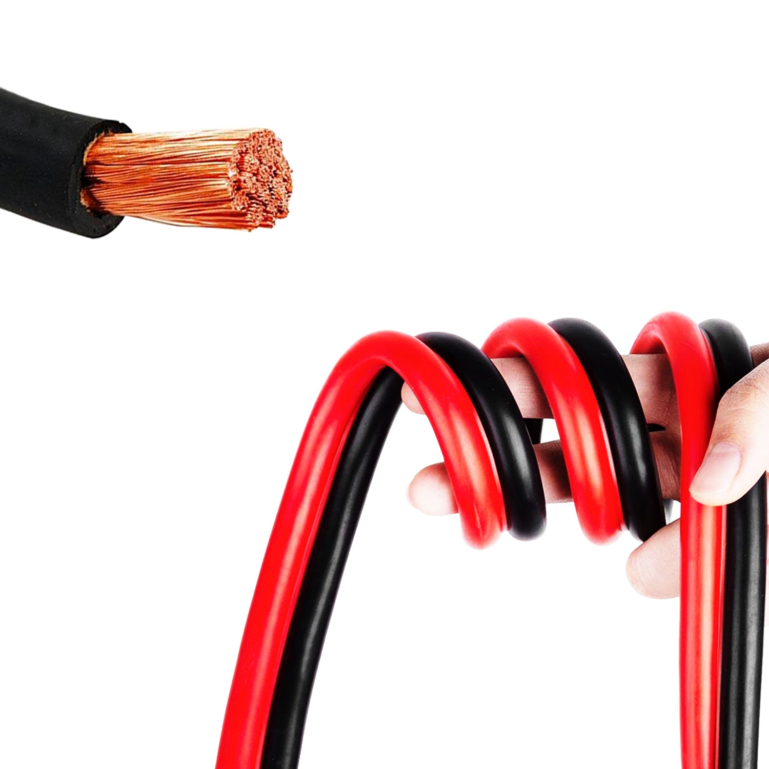 High-quality red and black jumper cables featuring thick copper wiring for maximum conductivity and flexibility. Ideal for efficient and reliable car jump-starting.