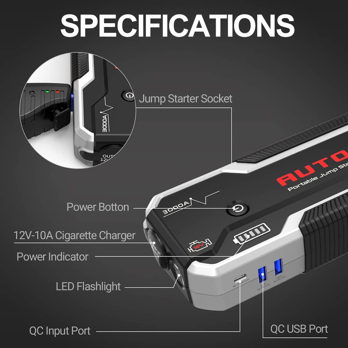 Ainostone 3000A Portable Car Jump Starter Auto Battery Booster Charger  Power Ban